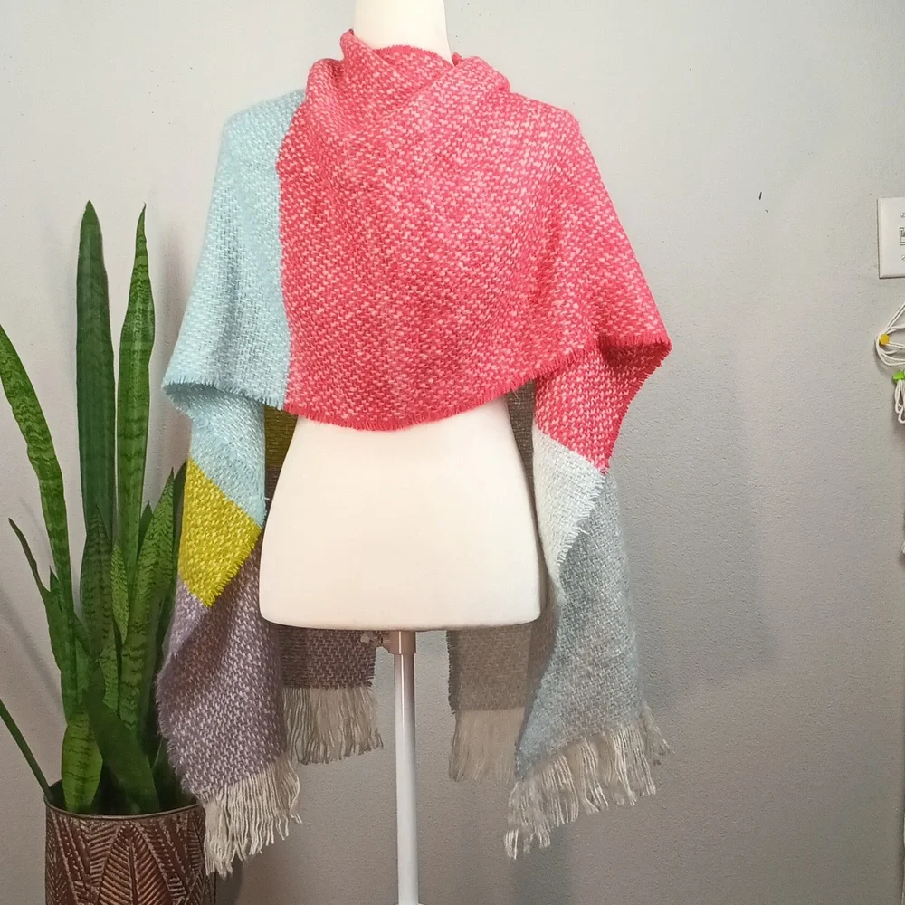 Womens Colorblock Textured Fringe Long Knit Scandi Girl Boho Scarf